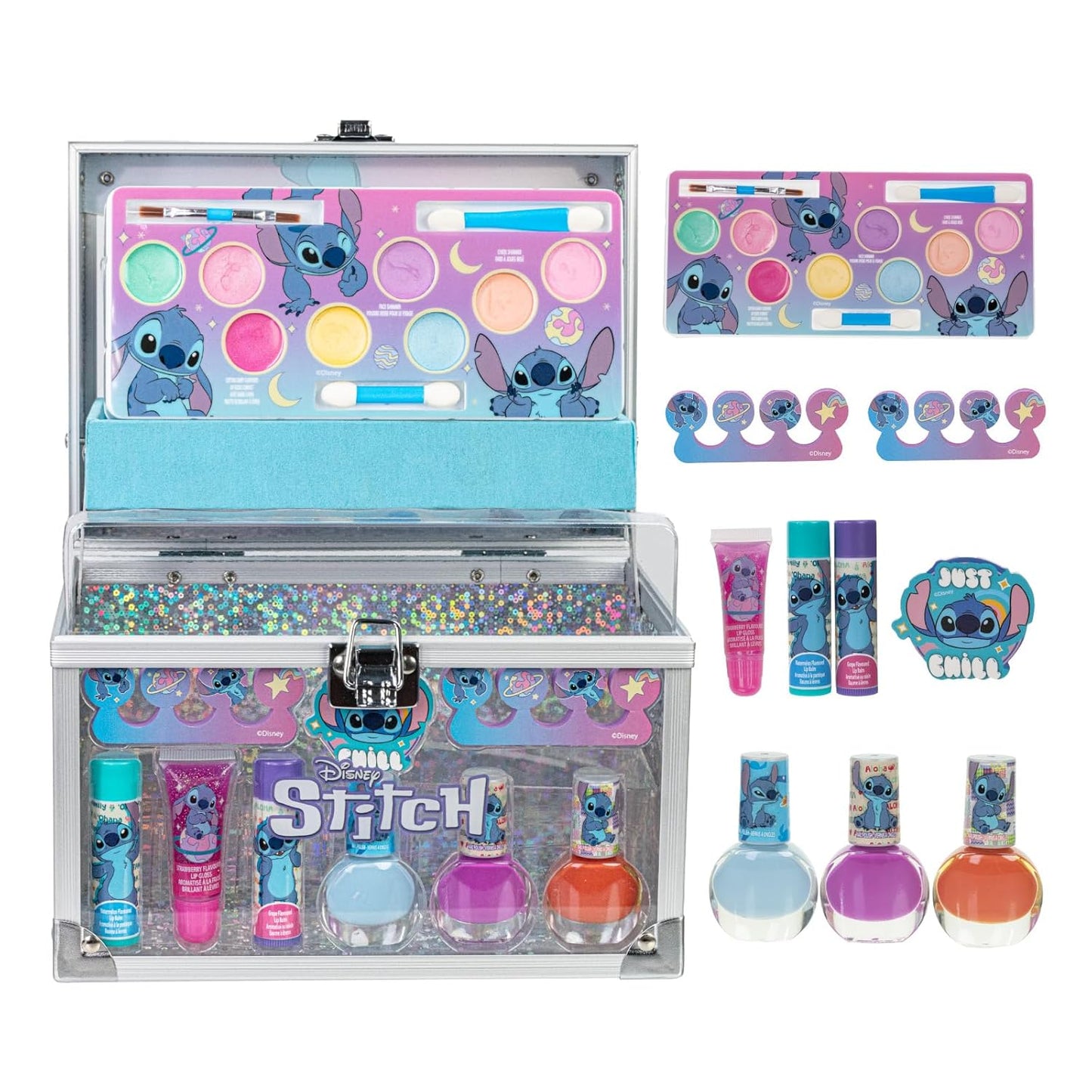 Disney Stitch Kids Makeup Kit for Girls, Includes Lip Gloss, Nail Polish and More with Train Case Beauty Set, Perfect for Birthday Gift, Party Favor, for Girls Ages 3+ by