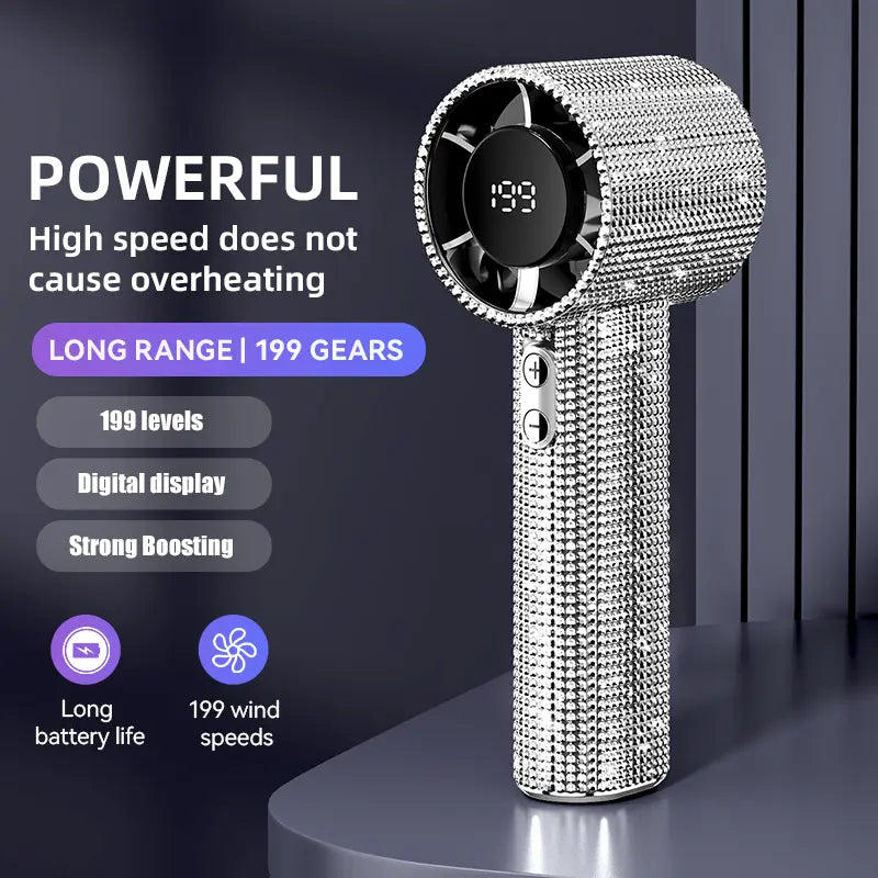 Diamond-Shimmering Luxury Fan-A Portable Handheld Turbo Fan 3 Gear Wind Rechargeable Long Battery Life Hand Fan with Digital Display for Outdoor Activities Travel Office Strong Boosting Output Long Distance Blowing