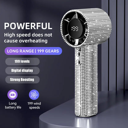 Diamond-Shimmering Luxury Fan-A Portable Handheld Turbo Fan 3 Gear Wind Rechargeable Long Battery Life Hand Fan with Digital Display for Outdoor Activities Travel Office Strong Boosting Output Long Distance Blowing