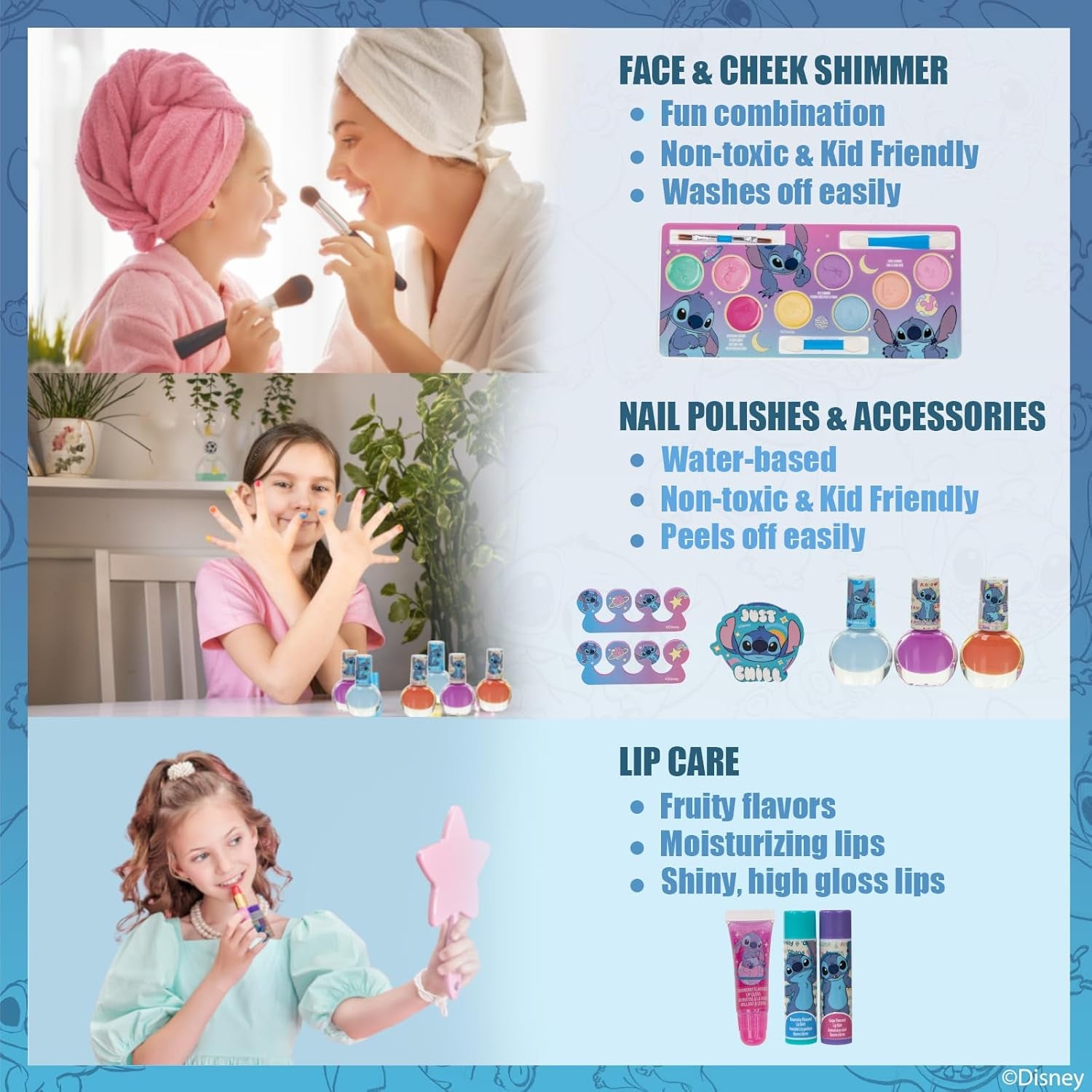 Disney Stitch Kids Makeup Kit for Girls, Includes Lip Gloss, Nail Polish and More with Train Case Beauty Set, Perfect for Birthday Gift, Party Favor, for Girls Ages 3+ by
