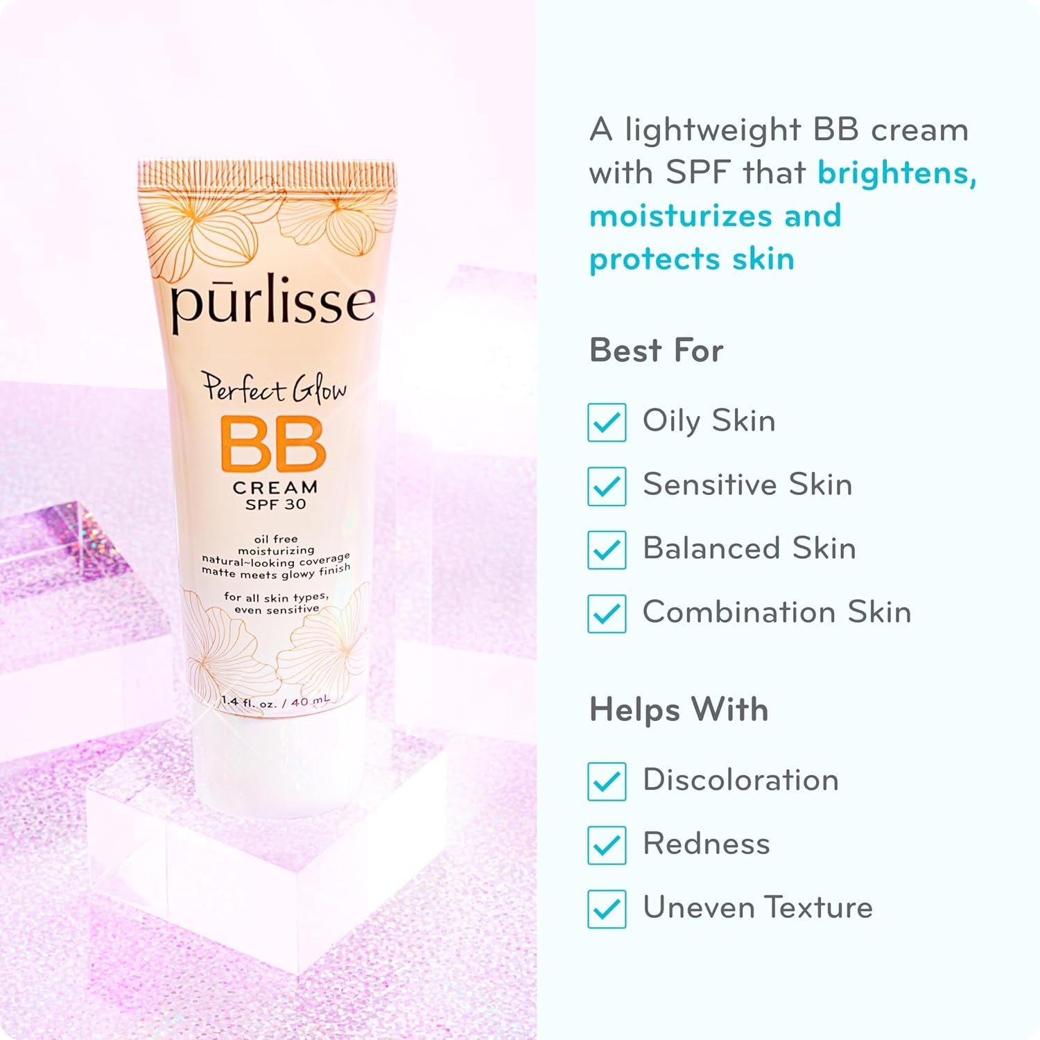Perfect Glow BB Cream SPF 30 - Luminous Matte Tinted Moisturizer with SPF - Korean Skin Care Formula with Goji & Hawthorn Berry to Hydrate, Brighten & Even Skin - Medium (1.4 Oz)