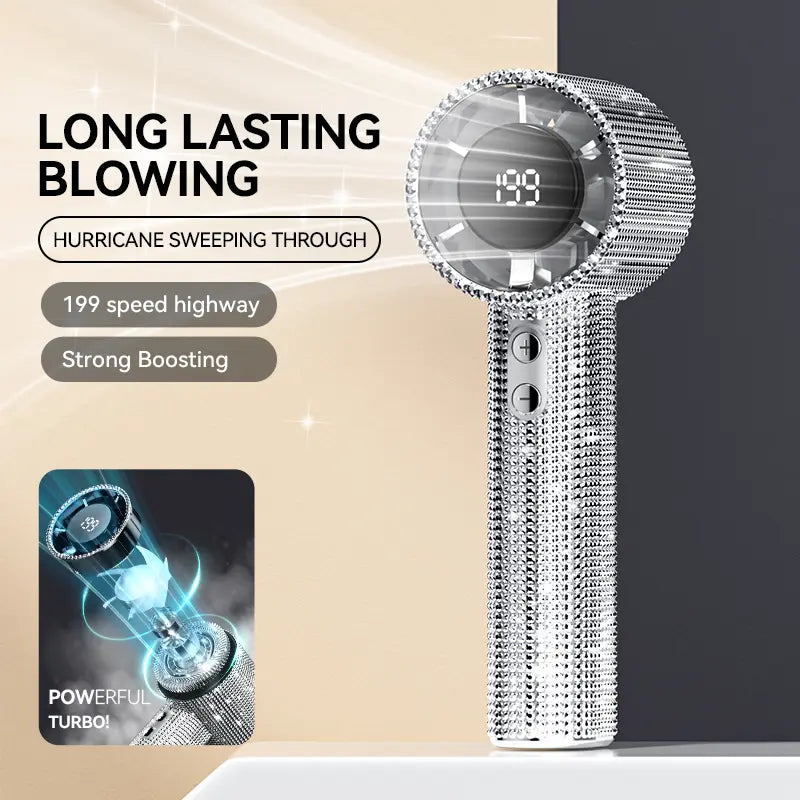 Diamond-Shimmering Luxury Fan-A Portable Handheld Turbo Fan 3 Gear Wind Rechargeable Long Battery Life Hand Fan with Digital Display for Outdoor Activities Travel Office Strong Boosting Output Long Distance Blowing