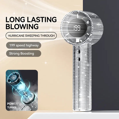 Diamond-Shimmering Luxury Fan-A Portable Handheld Turbo Fan 3 Gear Wind Rechargeable Long Battery Life Hand Fan with Digital Display for Outdoor Activities Travel Office Strong Boosting Output Long Distance Blowing