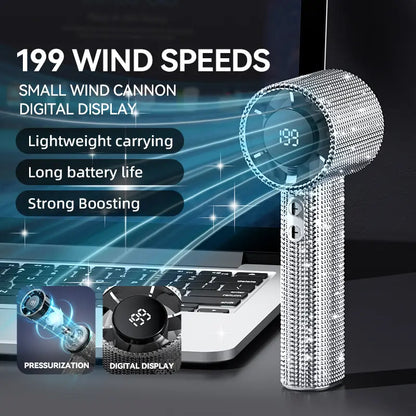 Diamond-Shimmering Luxury Fan-A Portable Handheld Turbo Fan 3 Gear Wind Rechargeable Long Battery Life Hand Fan with Digital Display for Outdoor Activities Travel Office Strong Boosting Output Long Distance Blowing