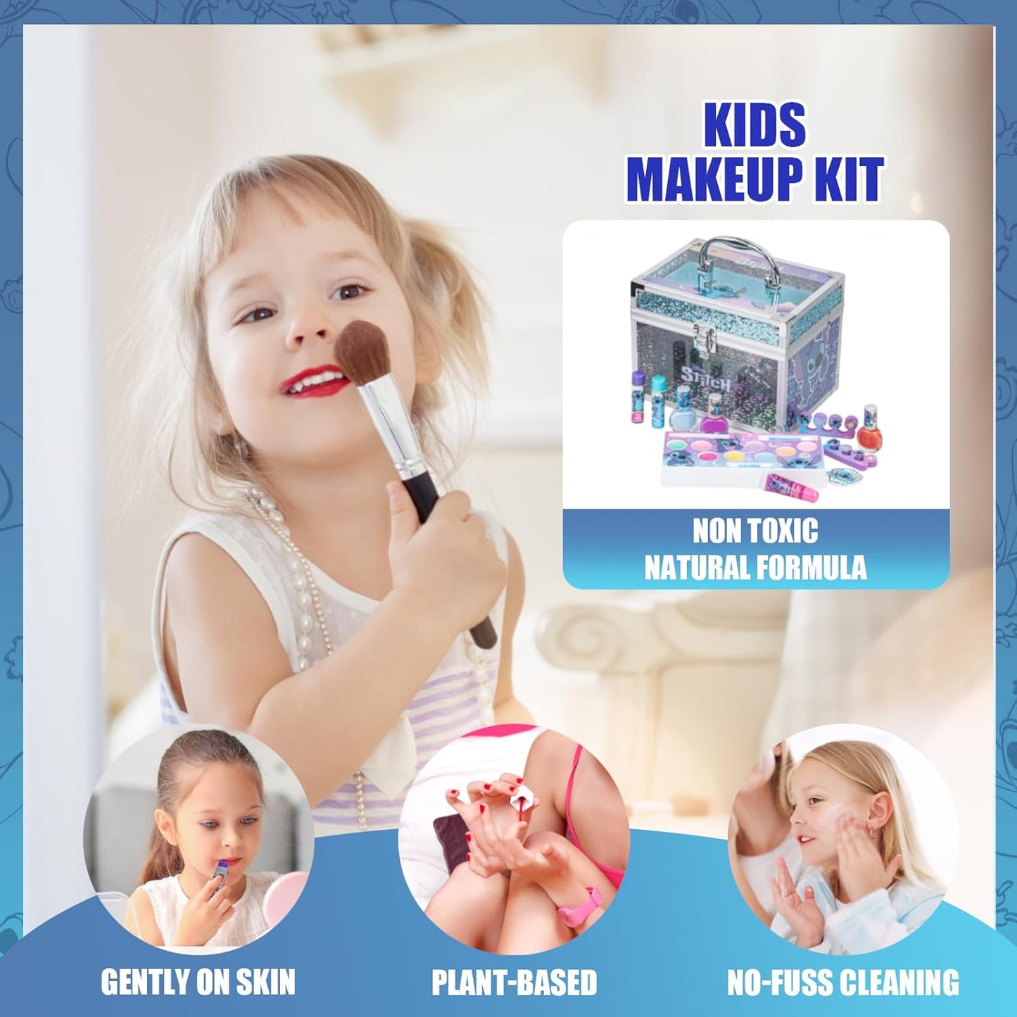 Disney Stitch Kids Makeup Kit for Girls, Includes Lip Gloss, Nail Polish and More with Train Case Beauty Set, Perfect for Birthday Gift, Party Favor, for Girls Ages 3+ by