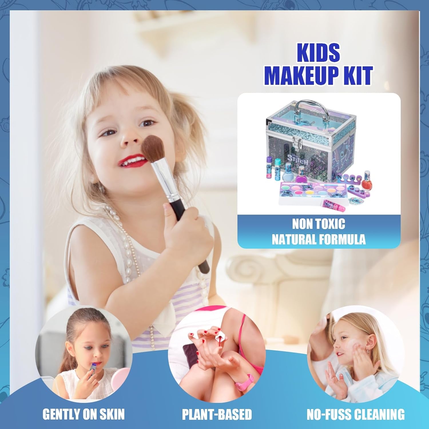Disney Stitch Kids Makeup Kit for Girls, Includes Lip Gloss, Nail Polish and More with Train Case Beauty Set, Perfect for Birthday Gift, Party Favor, for Girls Ages 3+ by