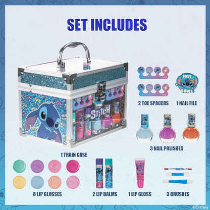 Disney Stitch Kids Makeup Kit for Girls, Includes Lip Gloss, Nail Polish and More with Train Case Beauty Set, Perfect for Birthday Gift, Party Favor, for Girls Ages 3+ by